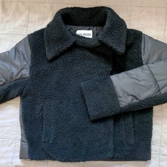 NEW Steve Madden Black Teddy Jacket Puffer Detailed Size M - Picture 1 of 13